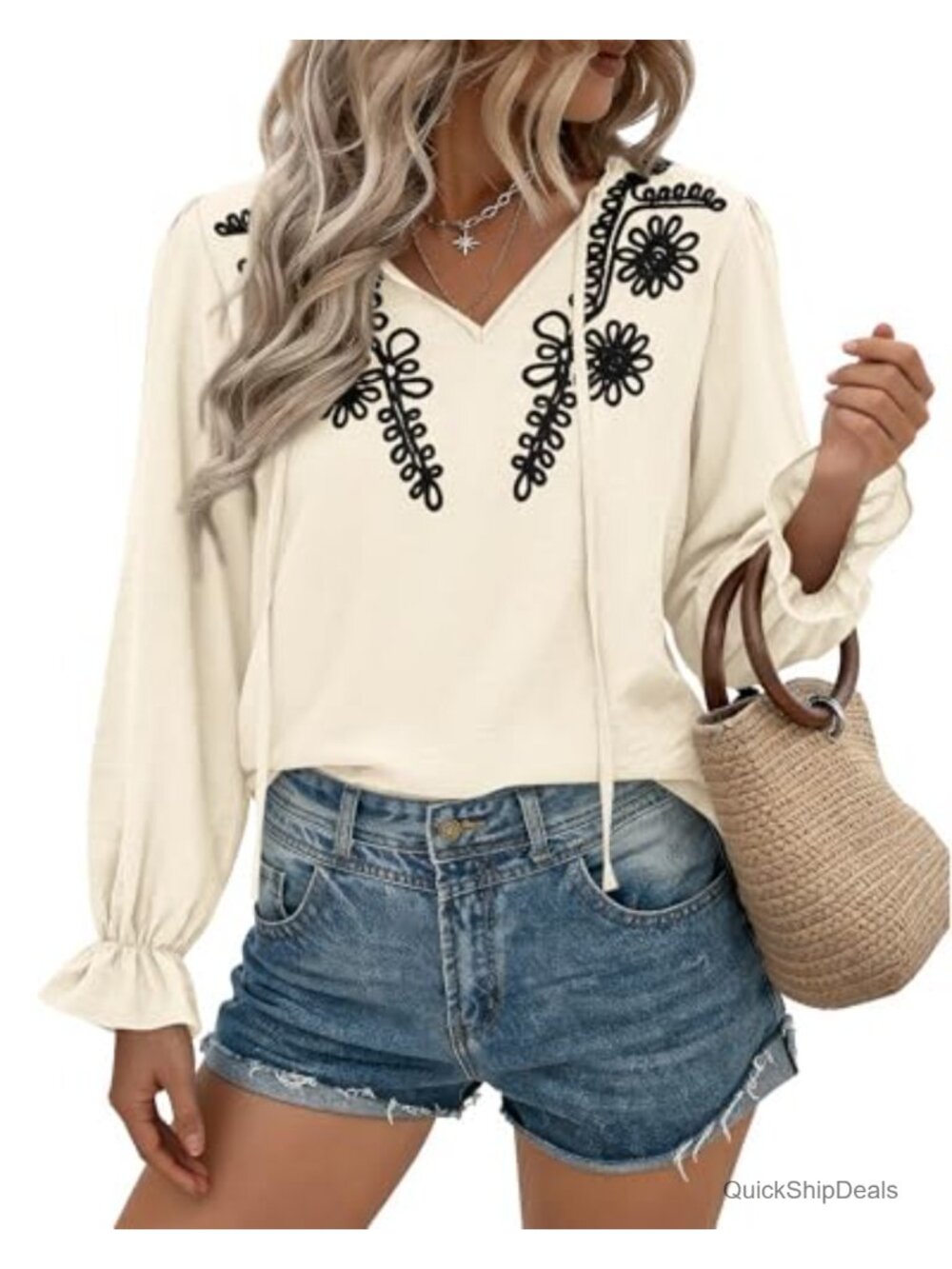 Womens Boho V Neck Ruffle Long Sleeve Blouse Floral Embroidered Work Top